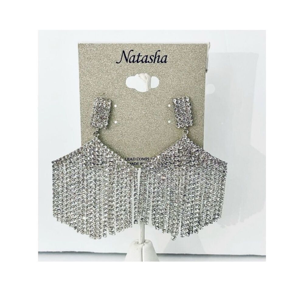NWT Natasha Gorgeous Silver Cascade Sparkly Cubic Zirconia Glass Stone